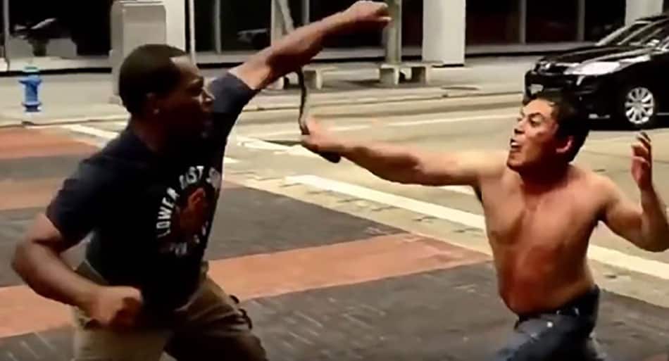 Confrontation with a knife-wielding crazy guy gets bloody
