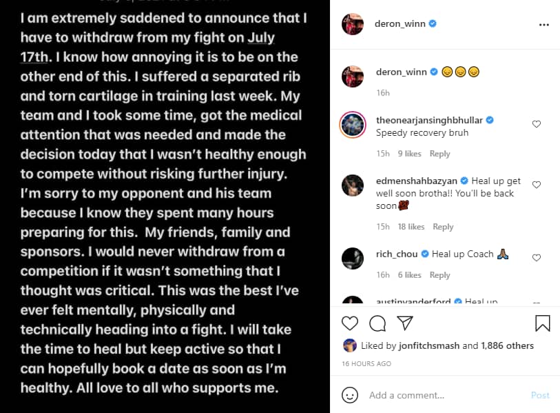 Deron Winn vs. Phil Hawes not happening at UFC Vegas 31 after injury to Winn