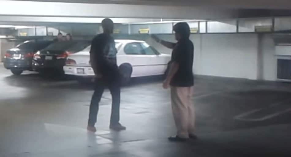 Jiu-Jitsu student warns aggressive guy in parking lot before defending himself