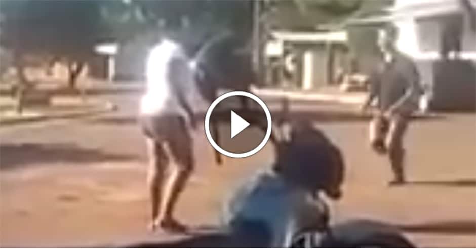 Guy runs at woman with a knife and pays for it