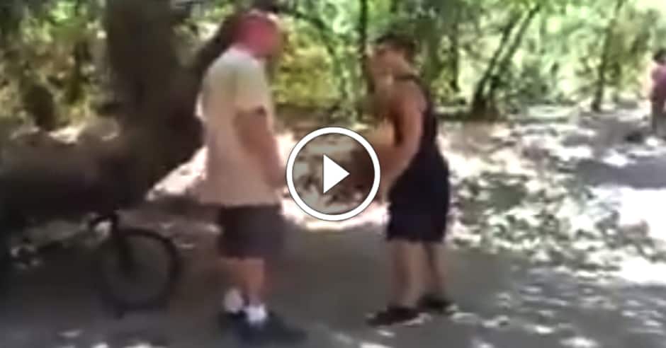 Kid forced to protect himself against two aggressive men