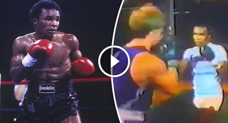 Boxing legend Sugar Ray Leonard FLOORS cocky amateur during exhibition