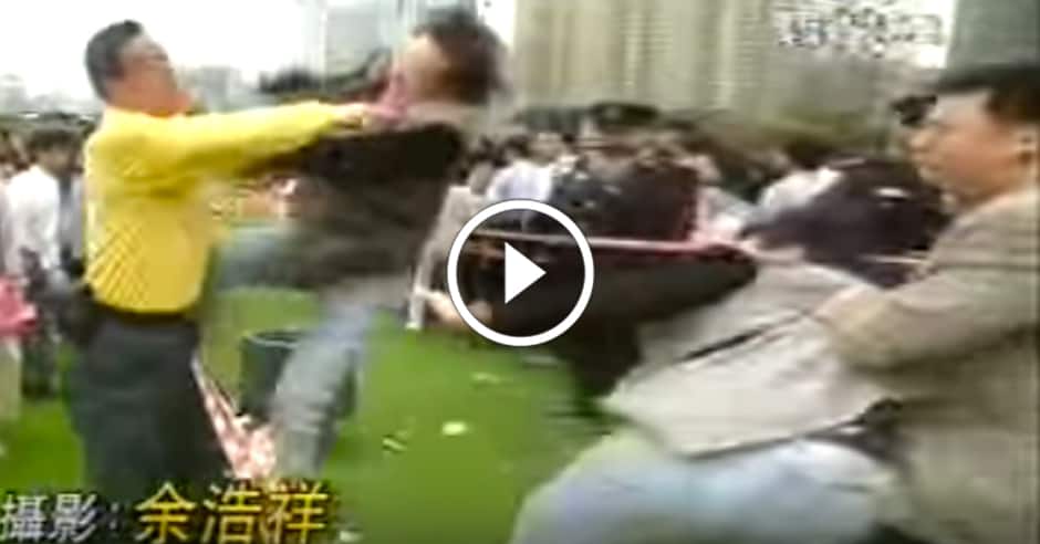 Old man in yellow shirt uses Kung Fu against three attackers