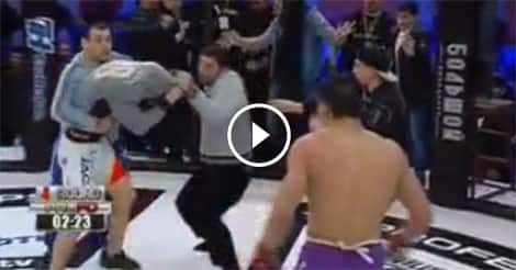 Post-fight brawl after MMA fight ends in flying-knee KO