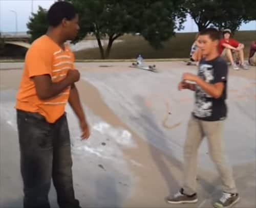 School kid uses Jiu-Jitsu against grown man at skate park