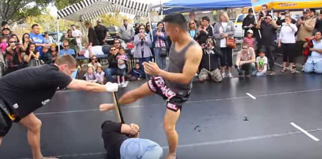 Muay Thai fighter breaks two bats with shin
