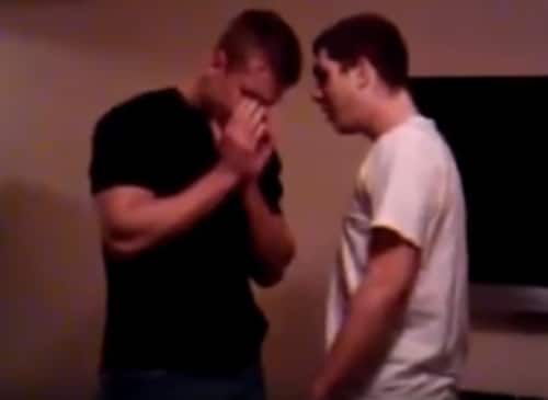 Small loudmouth begs bigger guy to hit him