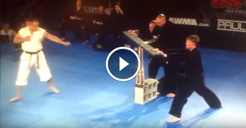 Taekwondo master tries to break three bats at once