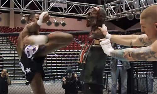 Two pro MMA fighters try to knock out a zombie
