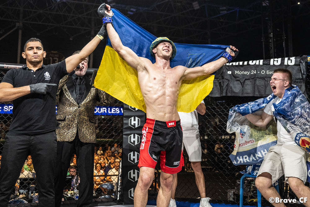 BRAVE CF debutant and sambo legend Vladyslav Rudniev breaks down with tears of joy after BRAVE CF 74 victory