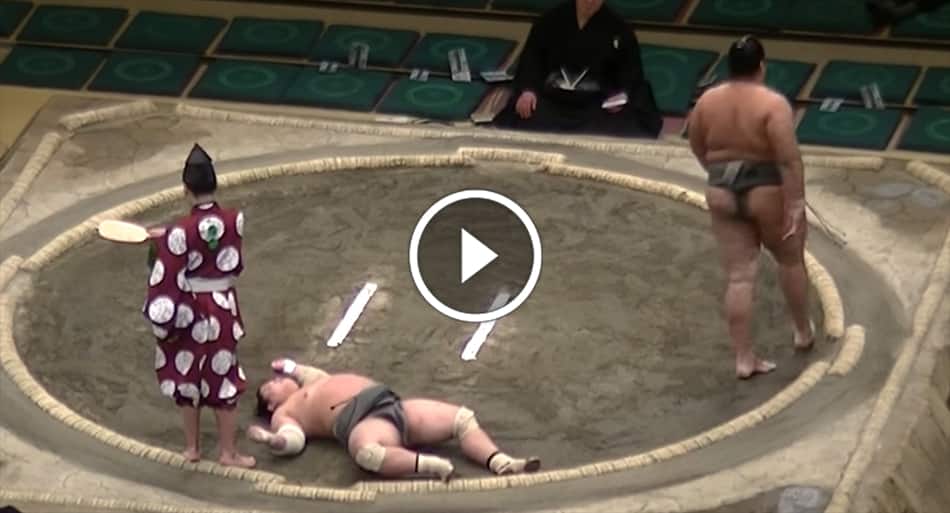 Brutal walk-off KO in sumo match