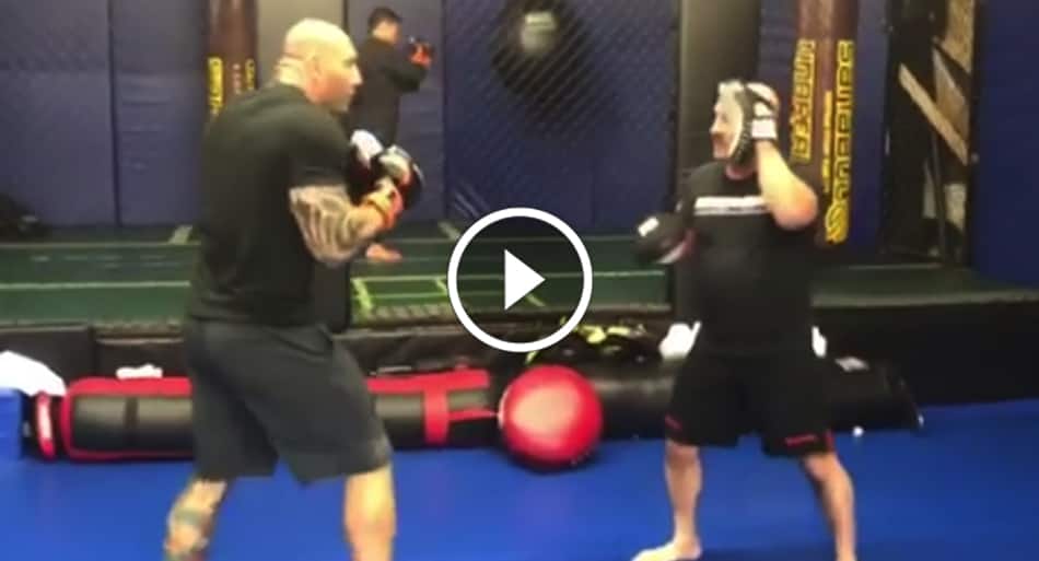 Marvel film star Dave Bautista working the pads